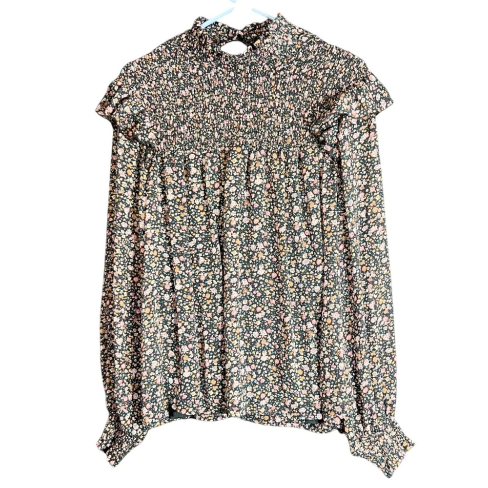 Ophelia Roe Womens Size XL Floral Chiffon Blouse Smocked High Neck Ruffle Career - Picture 2 of 14